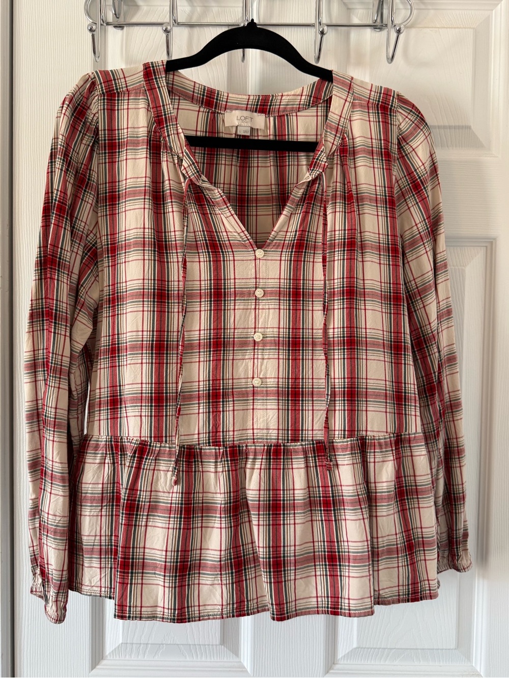 LOFT Outlet Cream Plaid Tunic with Red & Green Accents